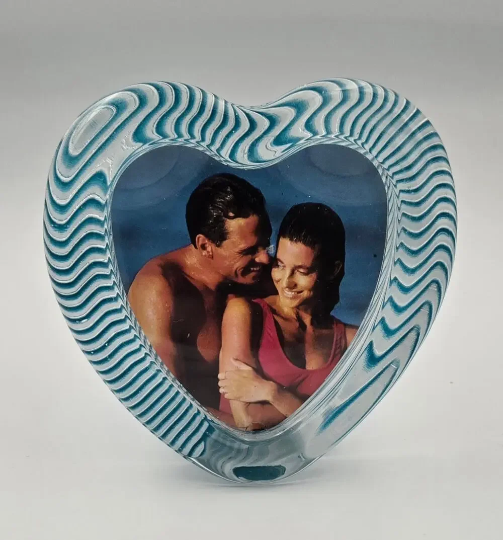 Vintage Mikasa Glass Heart Picture Frame Blue White Wavy Zebra Stripe